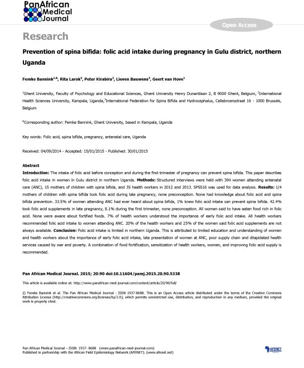 Prevention of spina bifida: folic acid intake during pregnancy in Gulu district, northern Uganda | Bannink | 2015